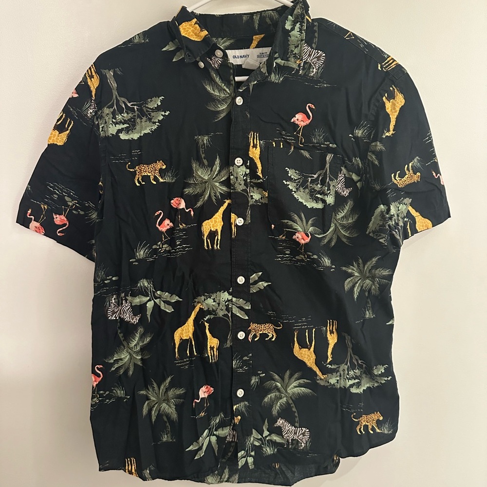 Medium slim fit animal print button down shirt from Old Navy